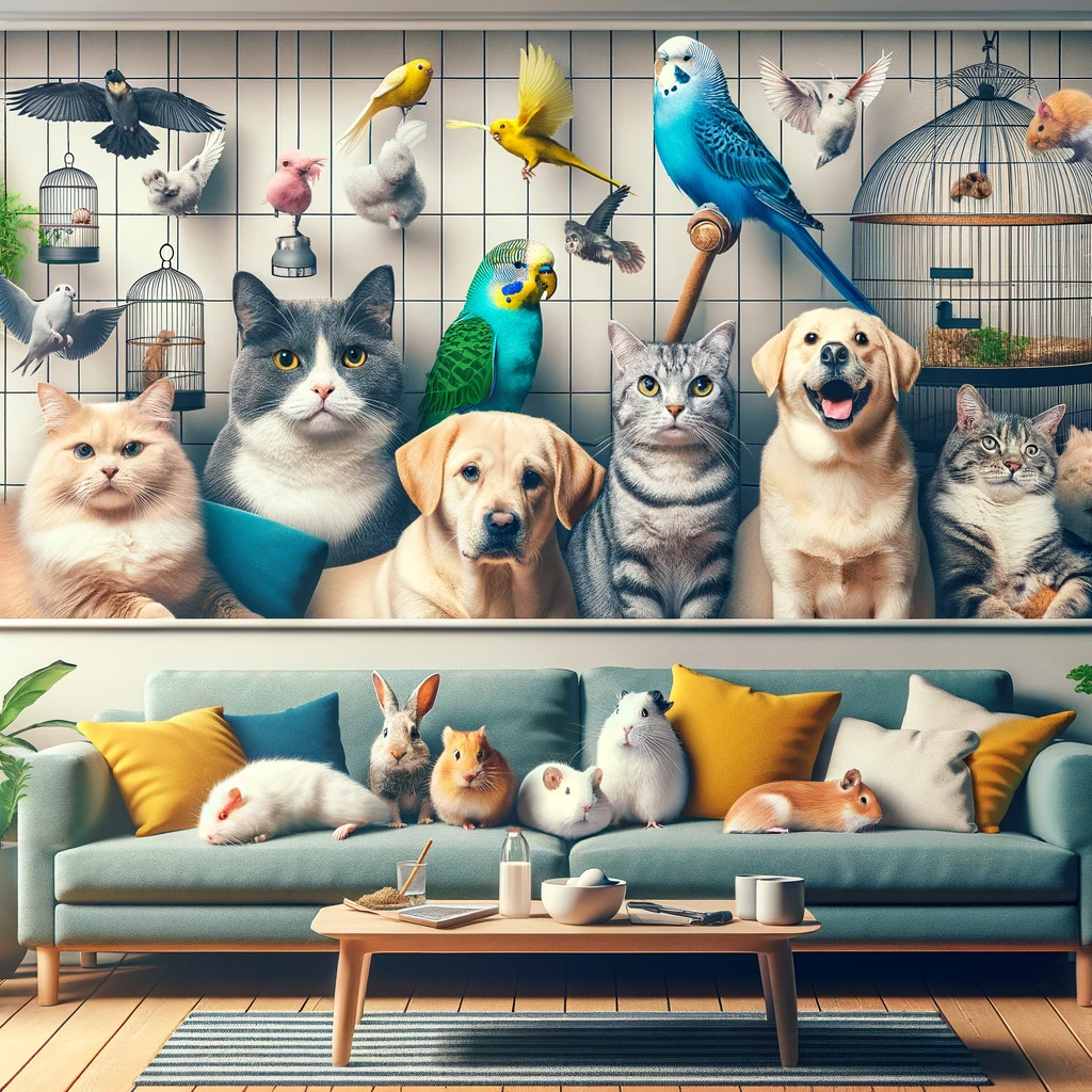 A serene indoor scene where a diverse family of pets enjoys a peaceful cohabitation. Two friendly dogs, a bevy of content cats, a group of colorful birds in flight and perched, alongside small mammals